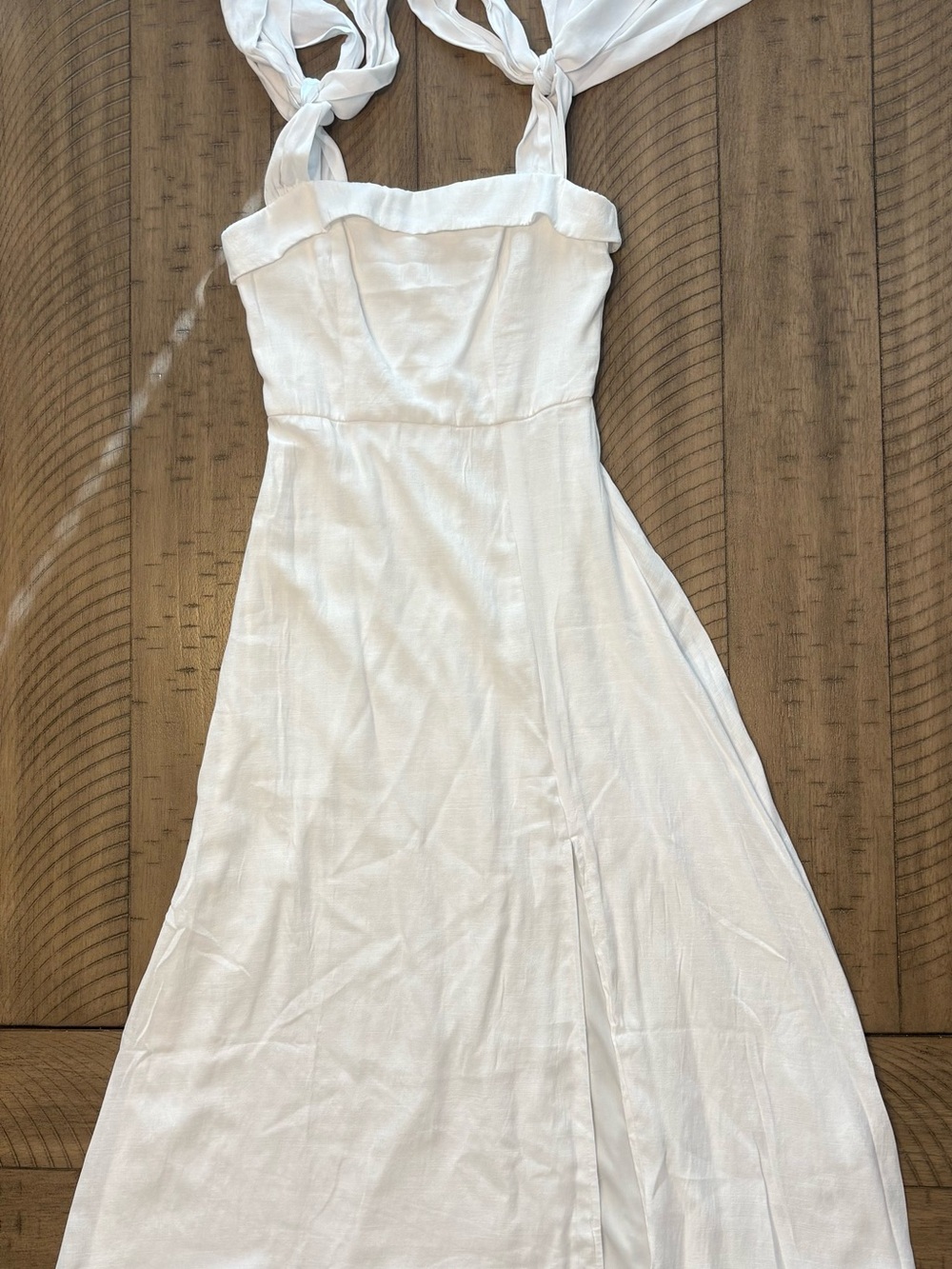 Francesca's White Midi Length Tie Strap Linen Dress - Front Slit